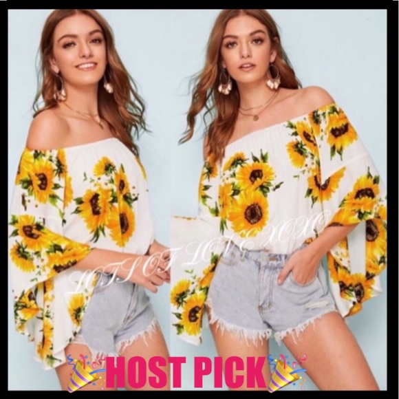 Tops - WHITE SUNFLOWER PRINT BOHO BARDOT SWING TOP